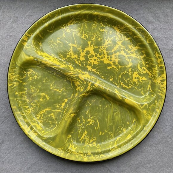 Set/5 Vintage Enamelware Divided Plates 12” Green, Mustard Yellow Graniteware - Picture 1 of 12